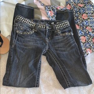 Vintage Y2K Black Studded and Rhinestoned Miss Me Skinny Jeans